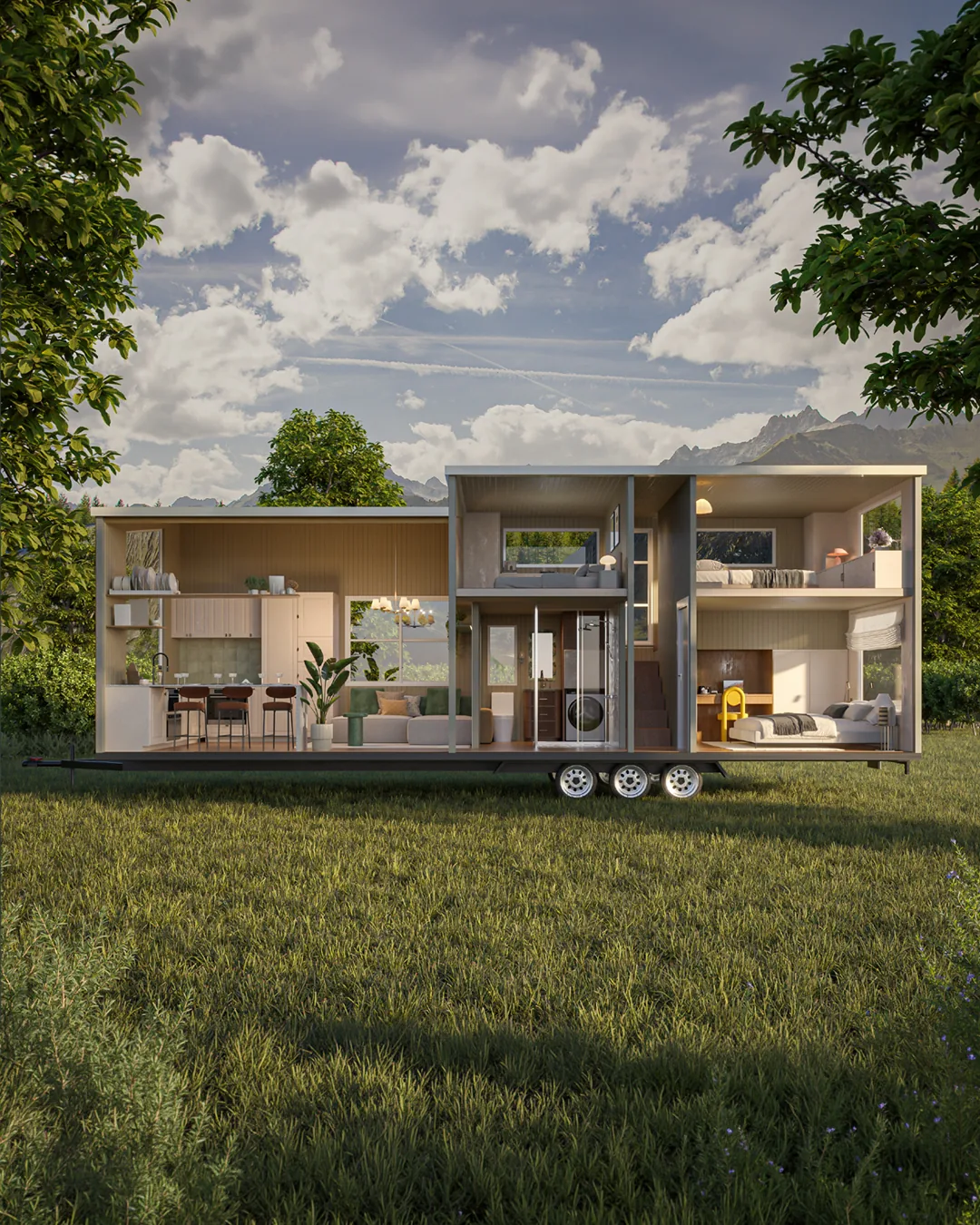 Cutaway of the Meadow on its trailer in a meadow